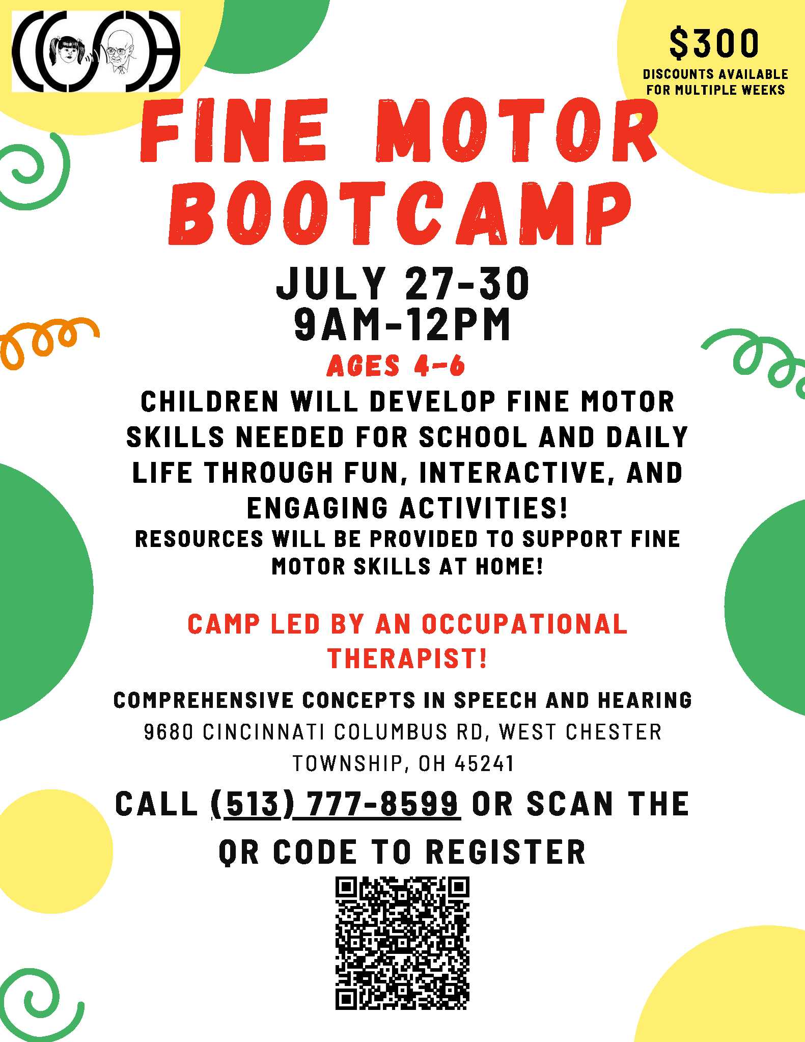 Fine Motor Bootcamp - July 27-30 - 9AM-12PM - Ages 4-6 - Call (513) 777-8599 to Register